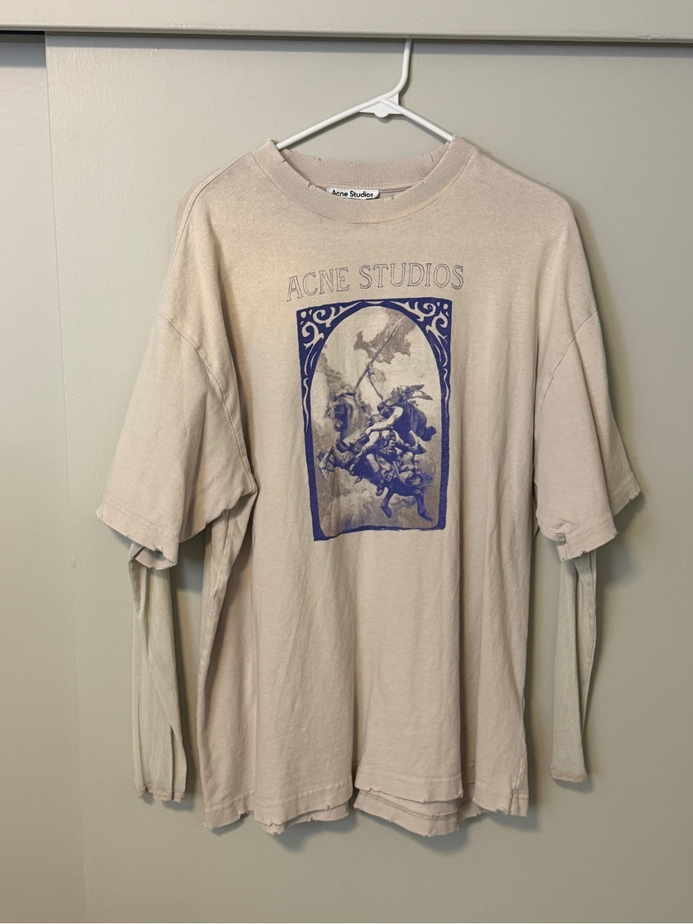 Acne Studios Beige Long-Sleeve Tee with Blue Graphic